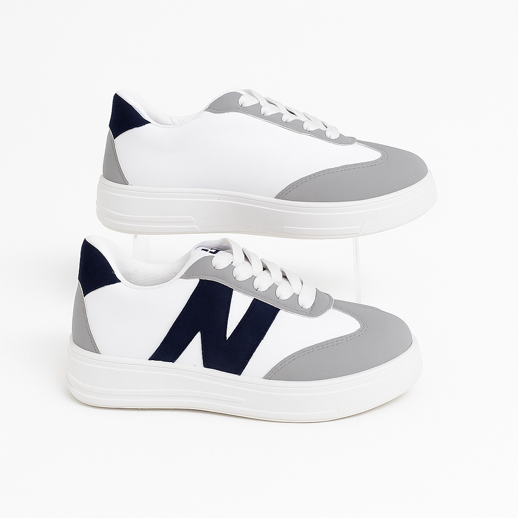 sneakers with a white and gray body and a navy blue 36949