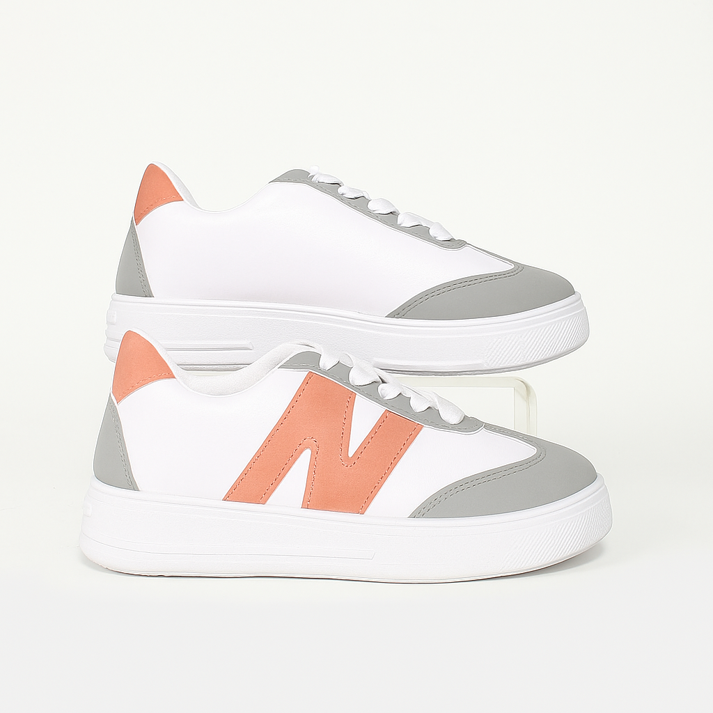 women's sneakers with a white and gray upper, featuring a pink 36949