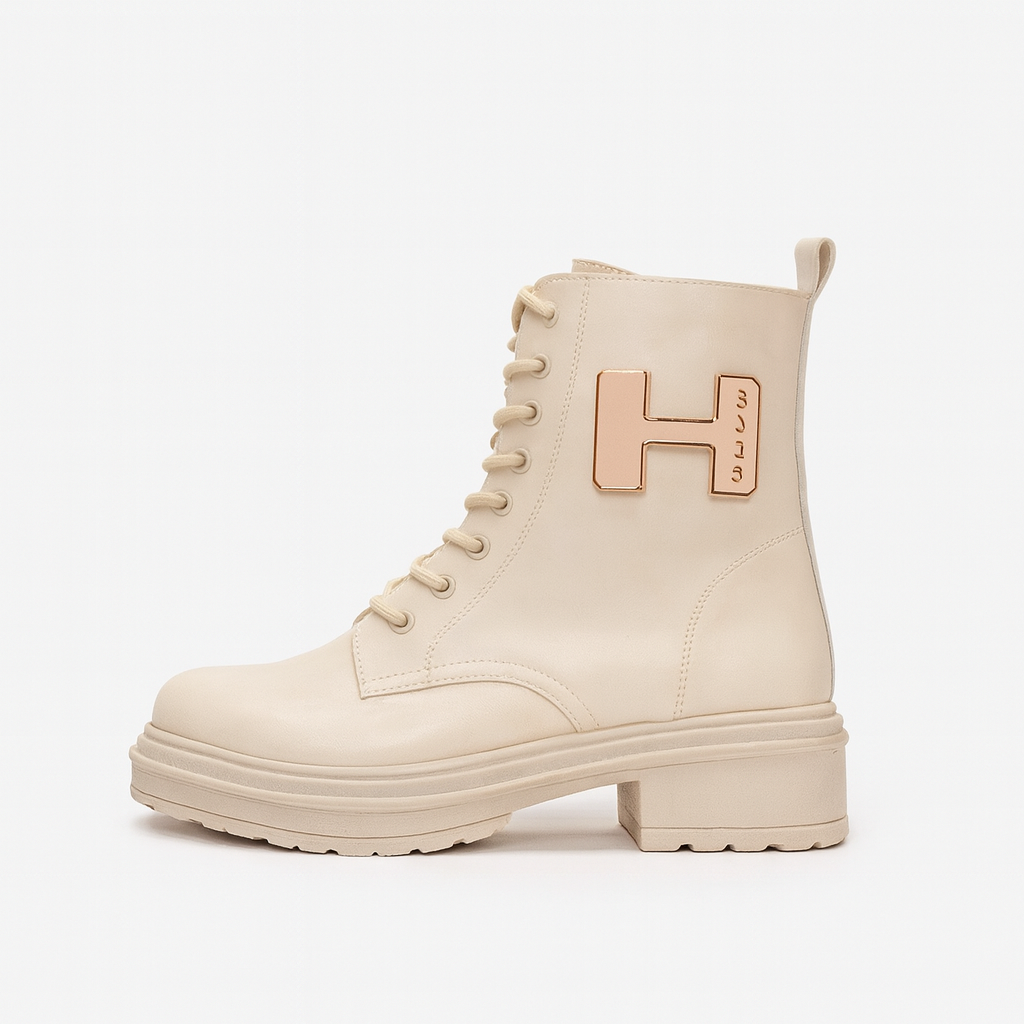 beige lace-up combat boots with a chunky lug sole 18511