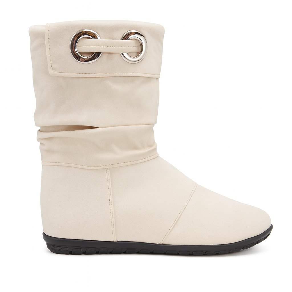 حذاء طويل من الجلد المدبوغ باللون البيج مع نعل مسطح وتفاصيل حلقة معدنية 18213