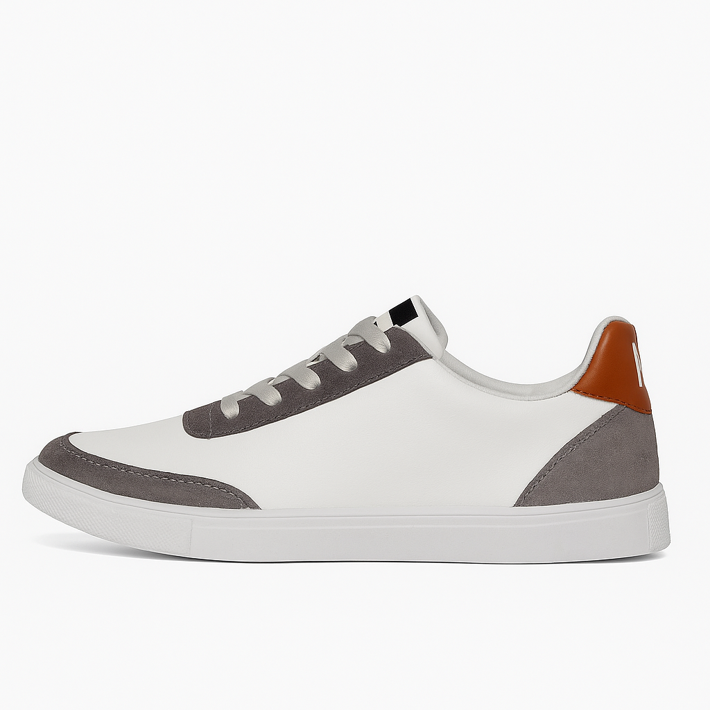 white, grey, and brown sneakers with a lace-up design. 8451
