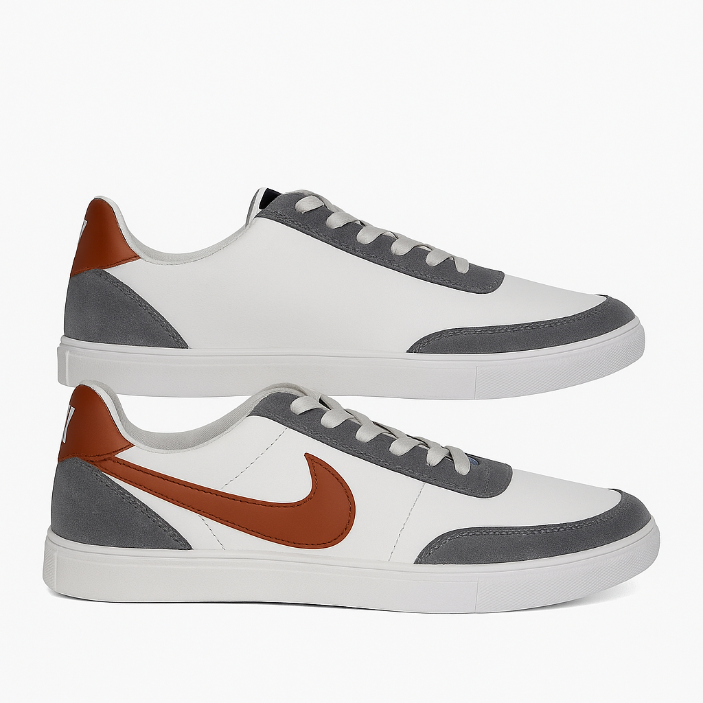 white, grey, and brown sneakers with a lace-up design. 8451