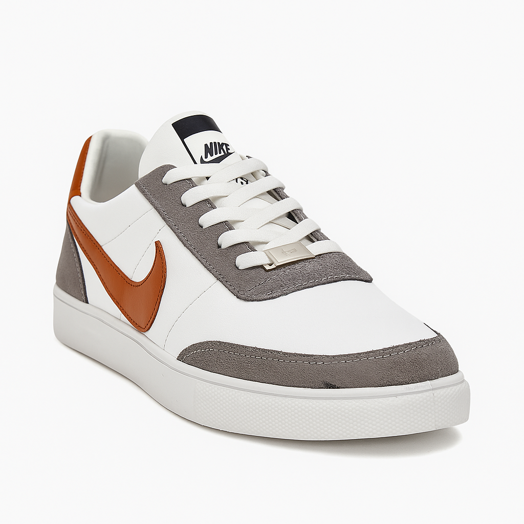 white, grey, and brown sneakers with a lace-up design. 8451
