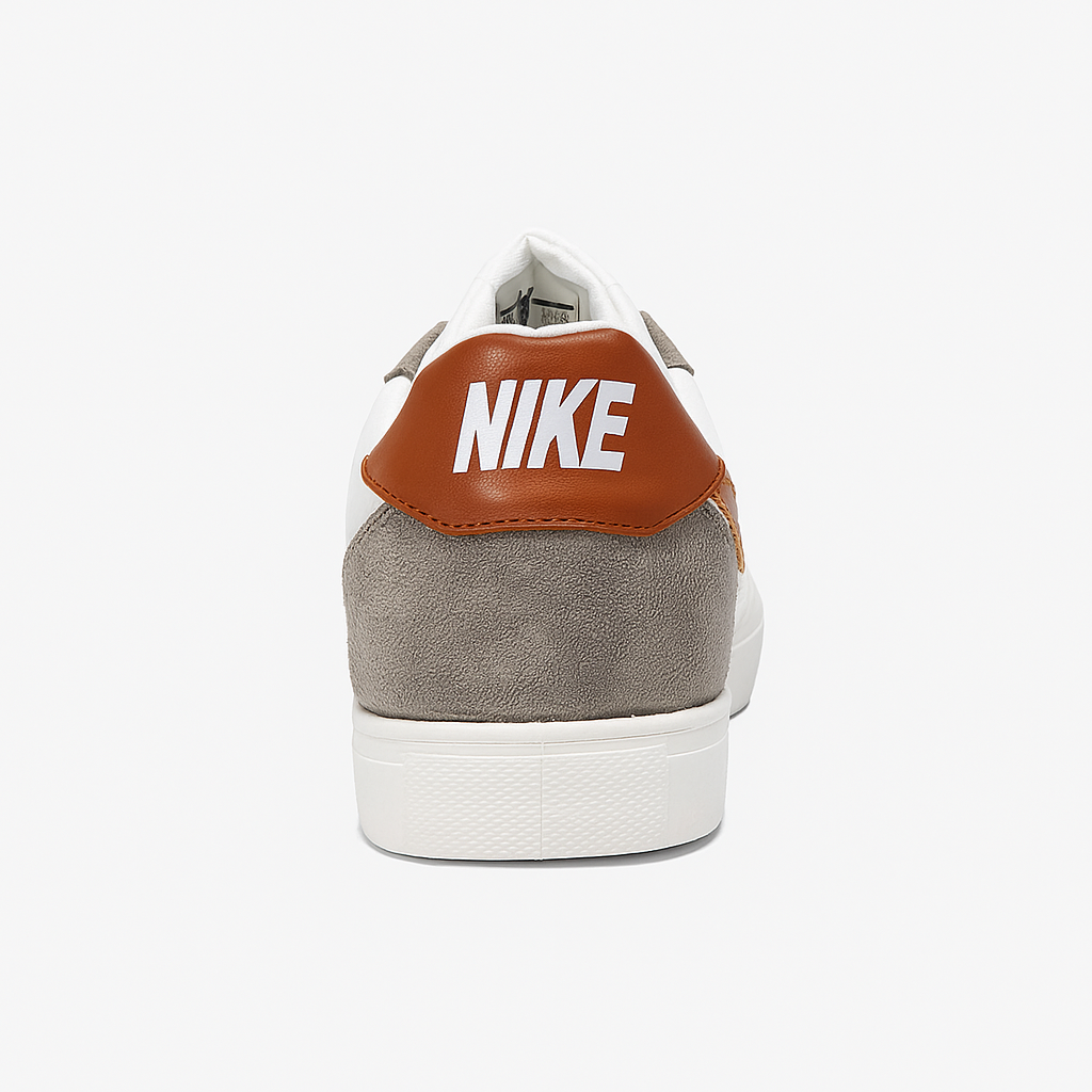 white, grey, and brown sneakers with a lace-up design. 8451