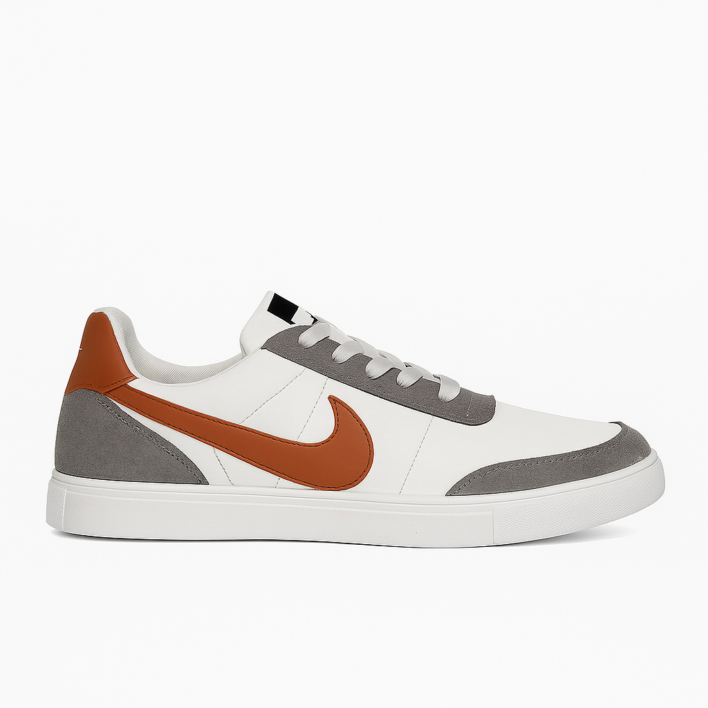 white, grey, and brown sneakers with a lace-up design. 8451