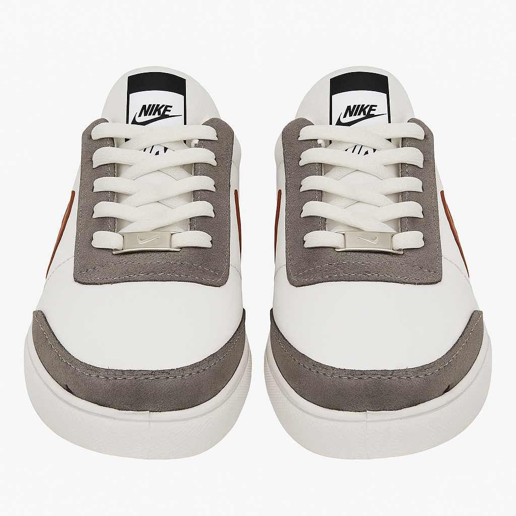 white, grey, and brown sneakers with a lace-up design. 8451