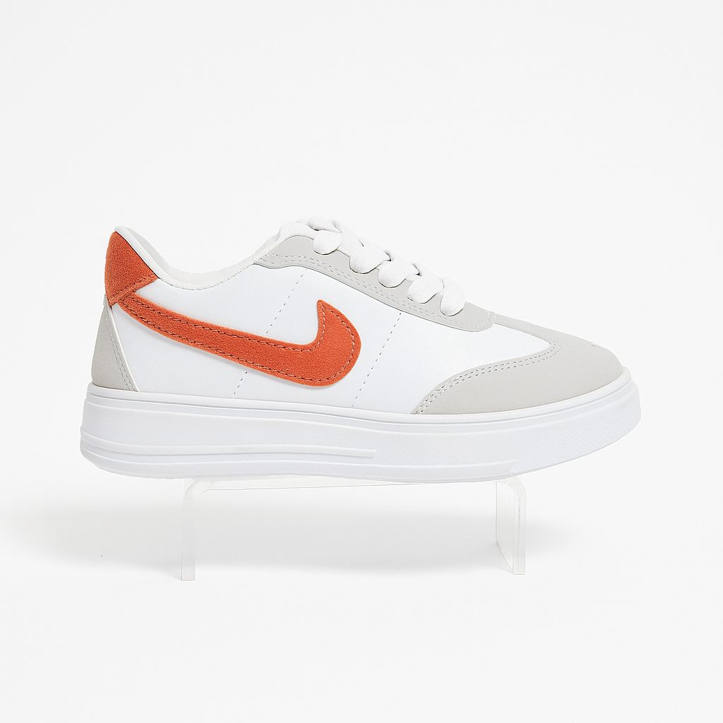 white and pink sneakers with a platform sole. 36886