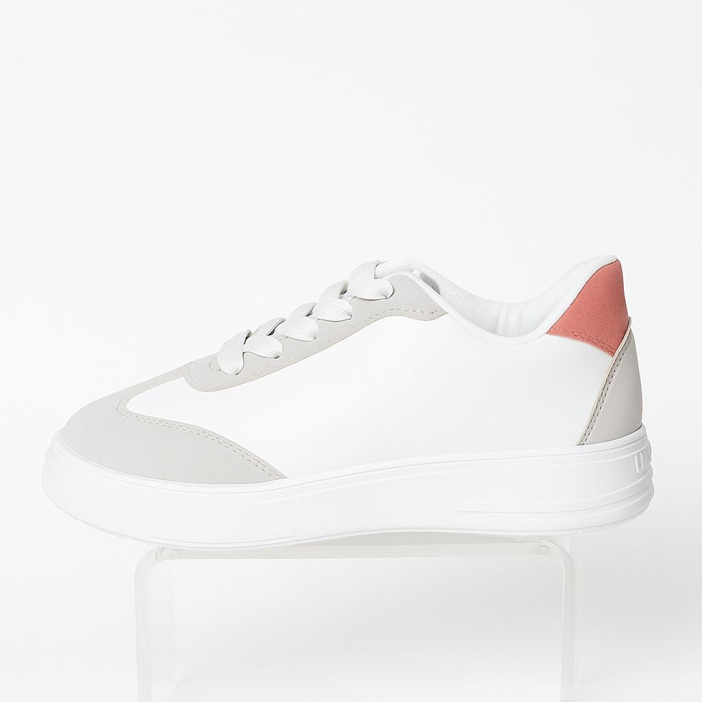 white and pink sneakers with a platform sole. 36886