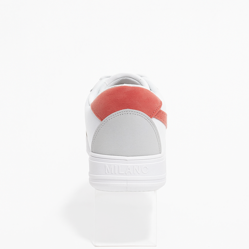 white and pink sneakers with a platform sole. 36886