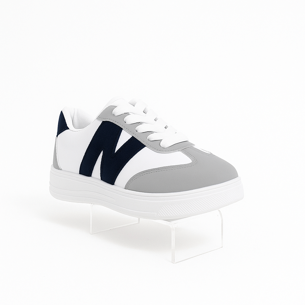 sneakers with a white and gray body and a navy blue 36949