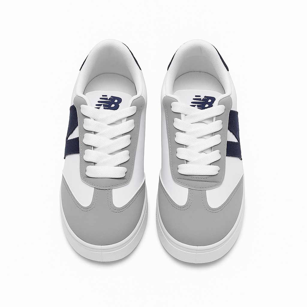 sneakers with a white and gray body and a navy blue 36949