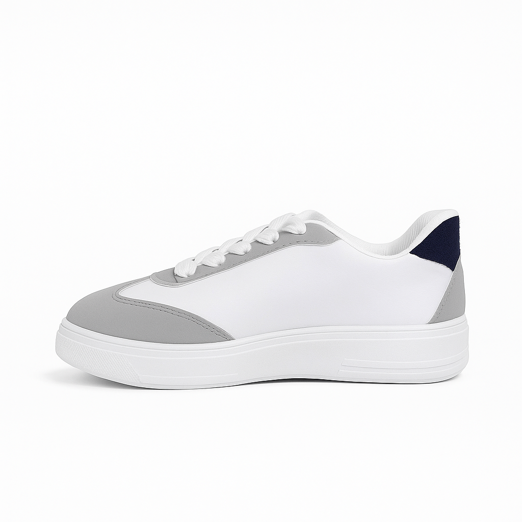 sneakers with a white and gray body and a navy blue 36949