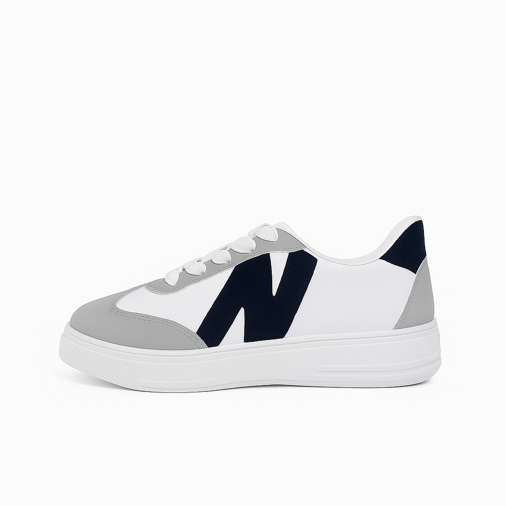 sneakers with a white and gray body and a navy blue 36949