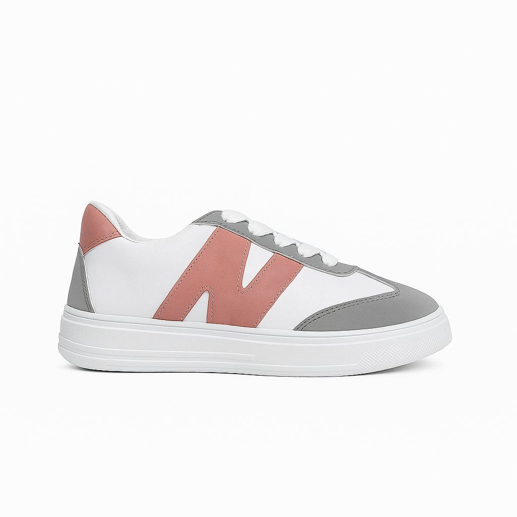 women's sneakers with a white and gray upper, featuring a pink 36949