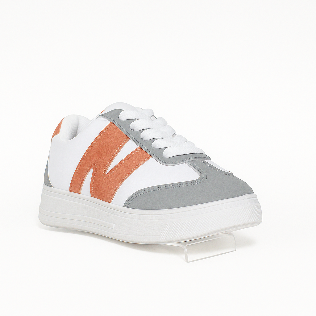 women's sneakers with a white and gray upper, featuring a pink 36949