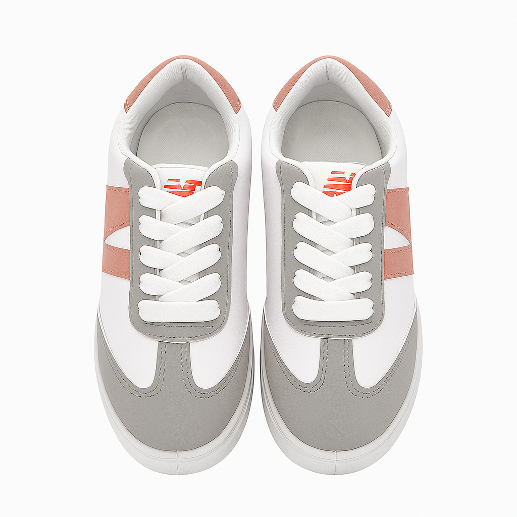 women's sneakers with a white and gray upper, featuring a pink 36949