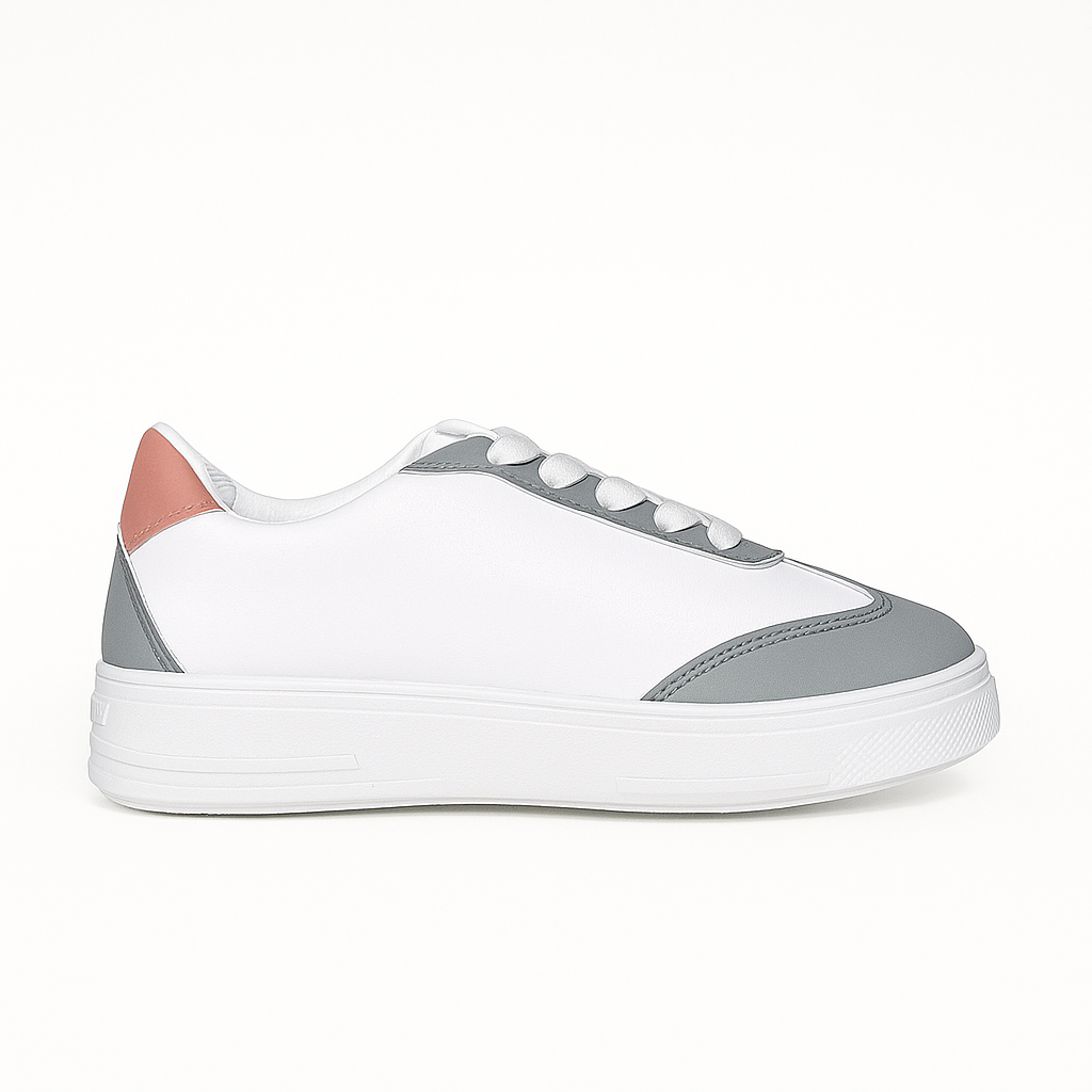 women's sneakers with a white and gray upper, featuring a pink 36949