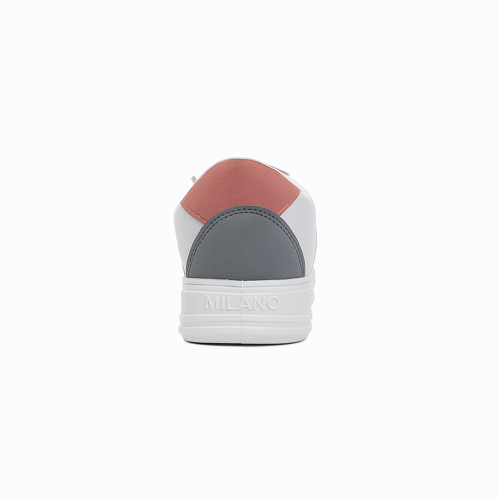 women's sneakers with a white and gray upper, featuring a pink 36949