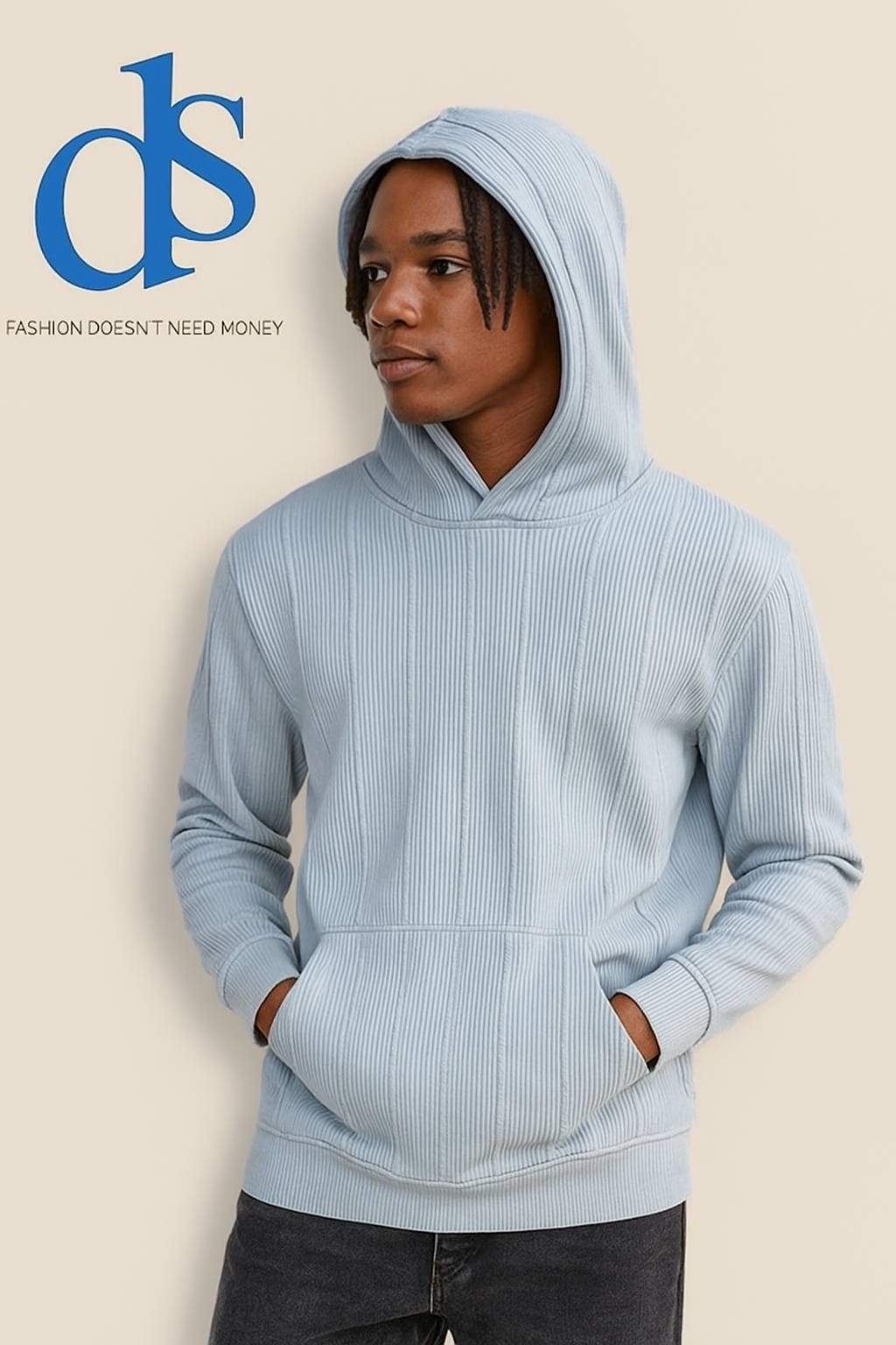 ribbed baby blue hoodie with a kangaroo pocket. 70244