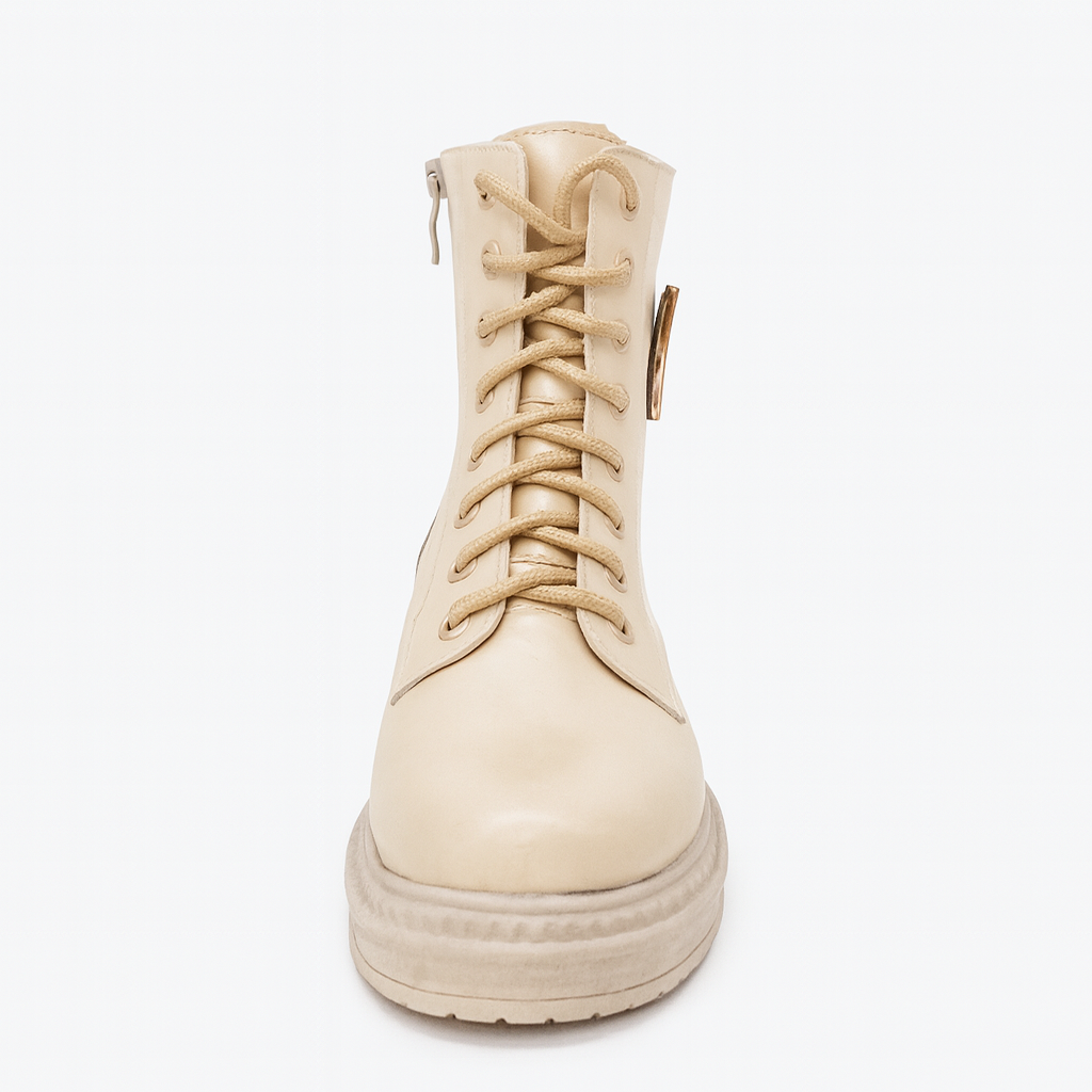 beige lace-up combat boots with a chunky lug sole 18511