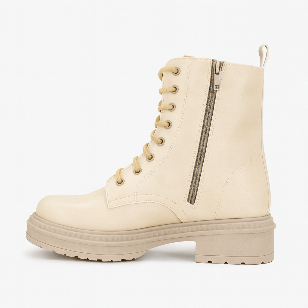 beige lace-up combat boots with a chunky lug sole 18511
