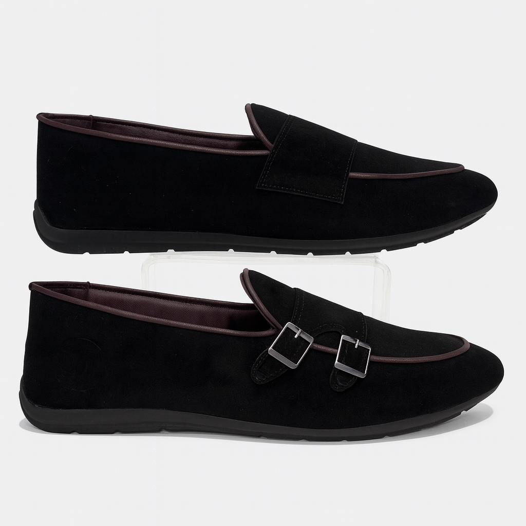 black suede double monk strap loafers 4986