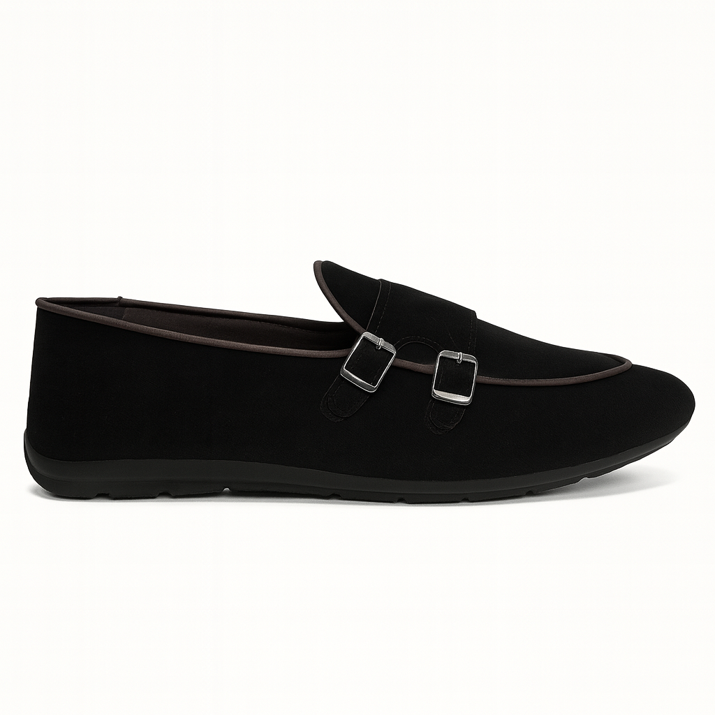 black suede double monk strap loafers 4986