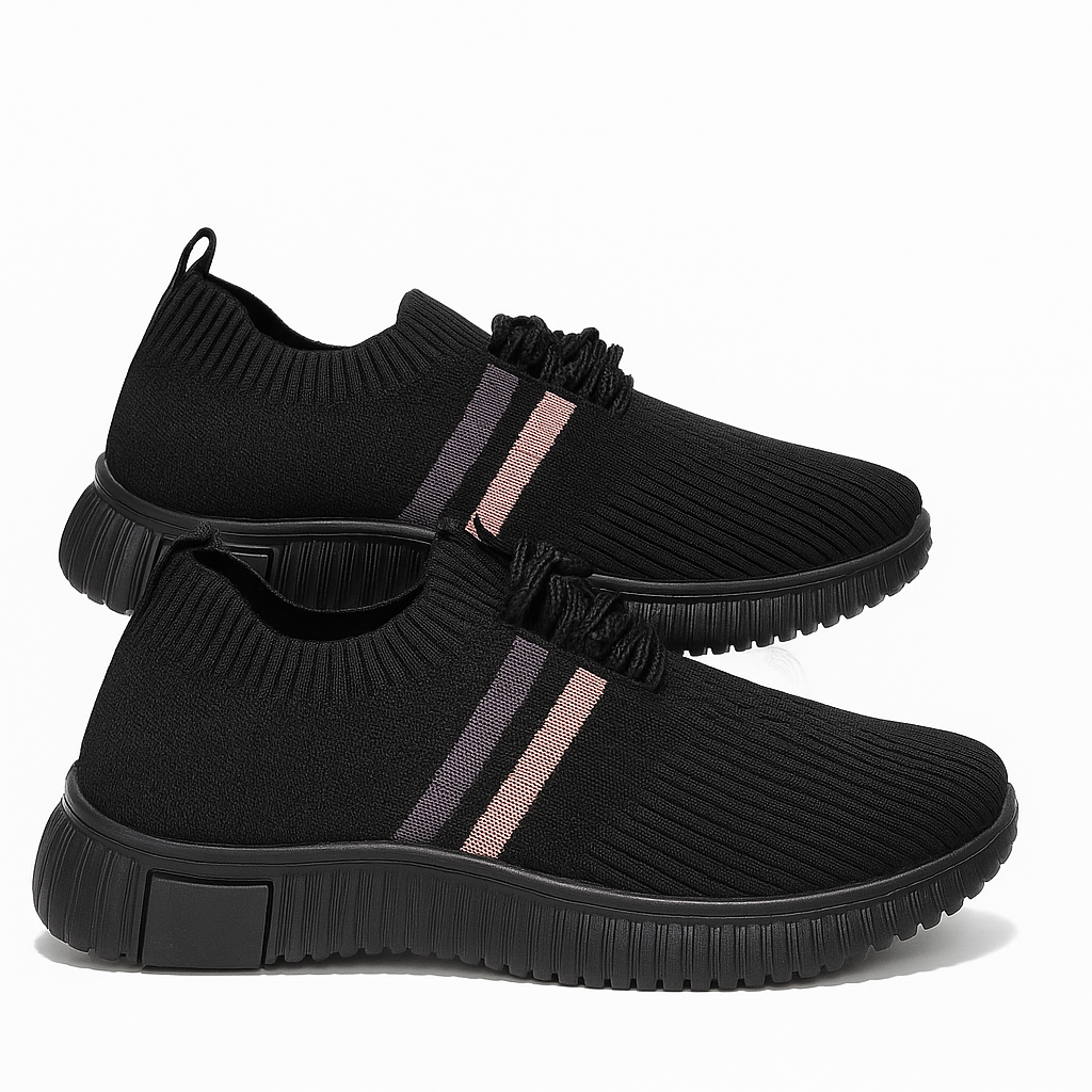 حذاء رياضي نسائي أسود بخطوط رمادية ووردية على الجانب. 151815