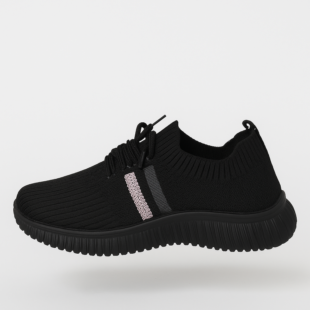 حذاء رياضي نسائي أسود بخطوط رمادية ووردية على الجانب. 151815