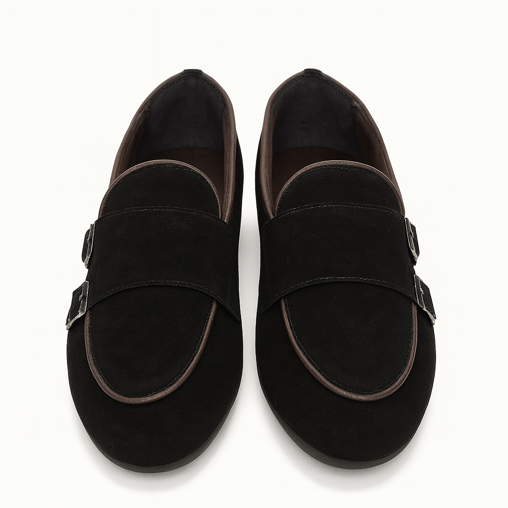 black suede double monk strap loafers 4986