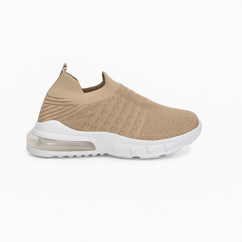 beige Adidas slip-on shoes with a white sole. 36883