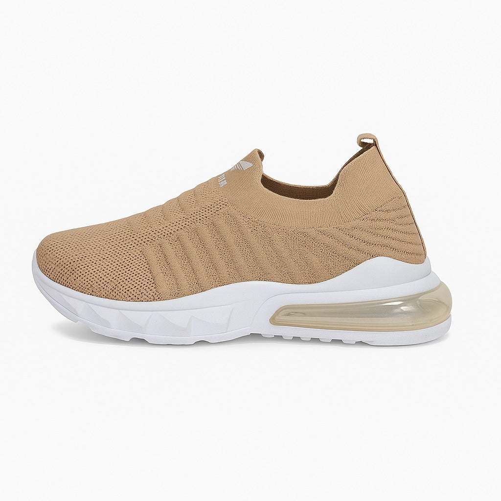 beige Adidas slip-on shoes with a white sole. 36883