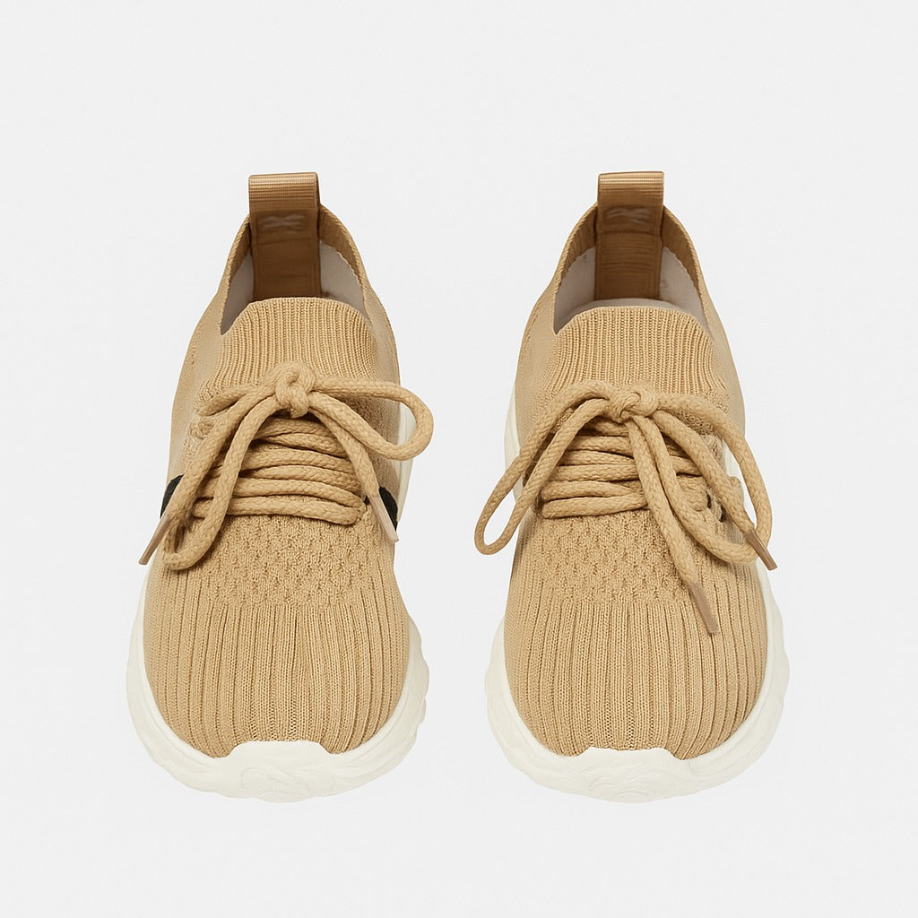 Kid's beige knit sneakers with a thick white and black 36898