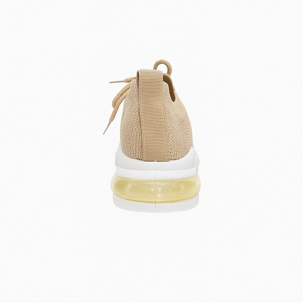 Kid's beige knit sneakers with a thick white and black 36898