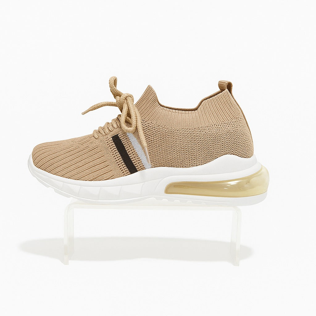 Kid's beige knit sneakers with a thick white and black 36898