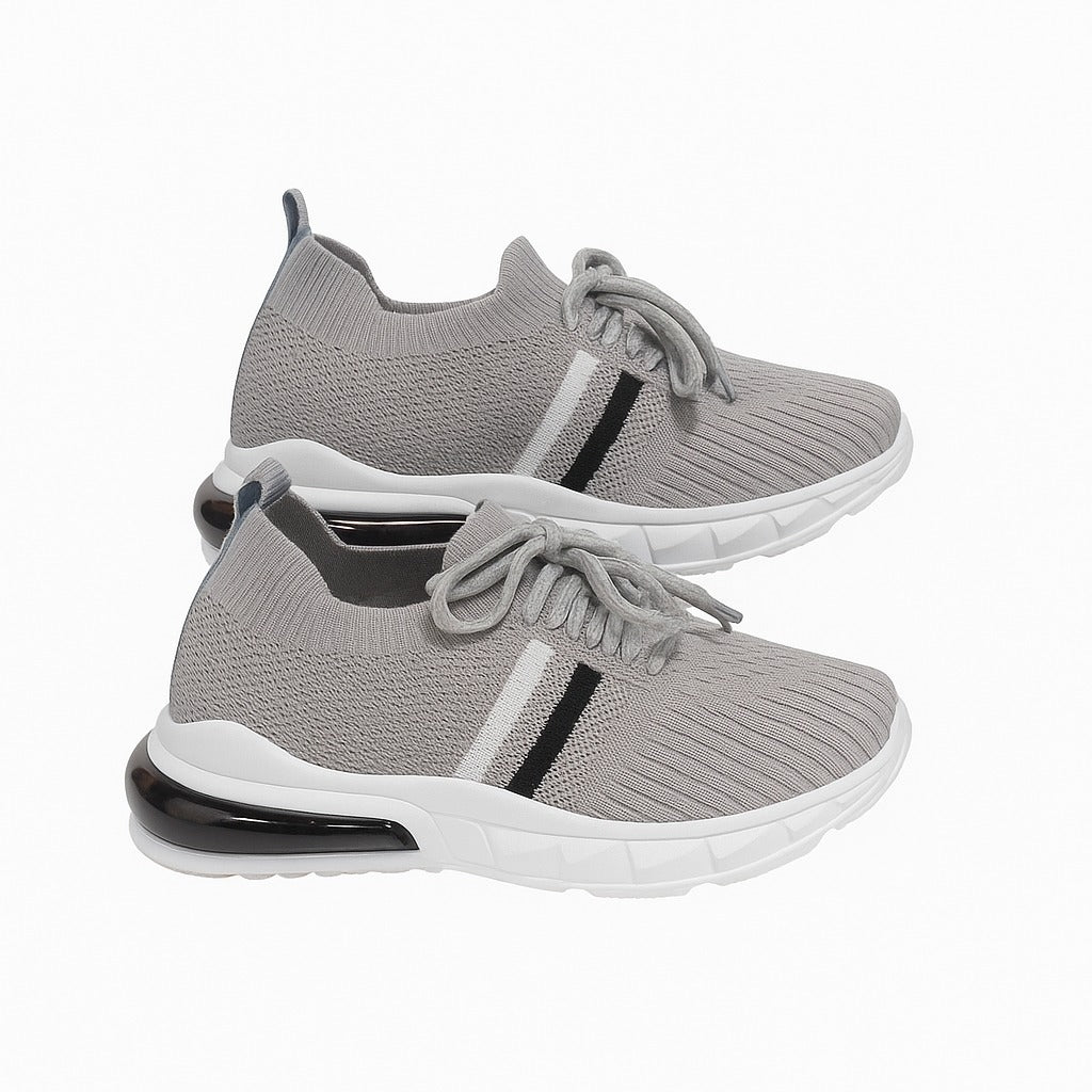 Kid's grey knit sneakers with a thick white and black 36898