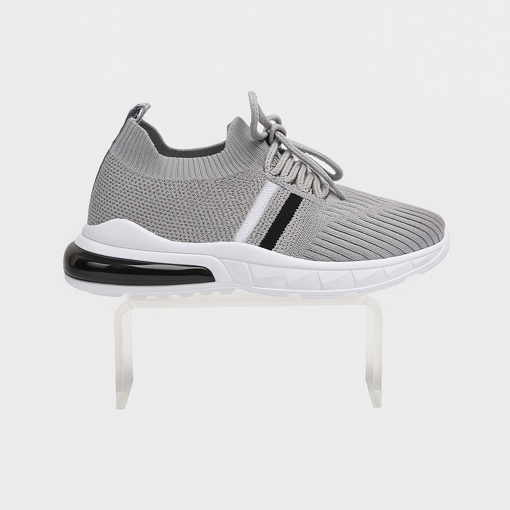 Kid's grey knit sneakers with a thick white and black 36898