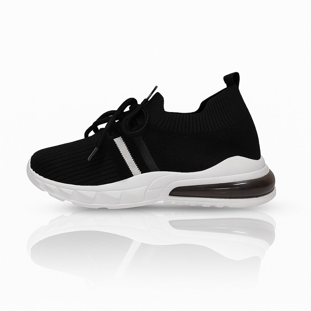 Kid's black knit sneakers with a thick white and grey 36898