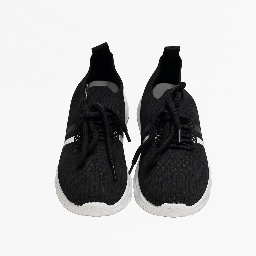 Kid's black knit sneakers with a thick white and grey 36898