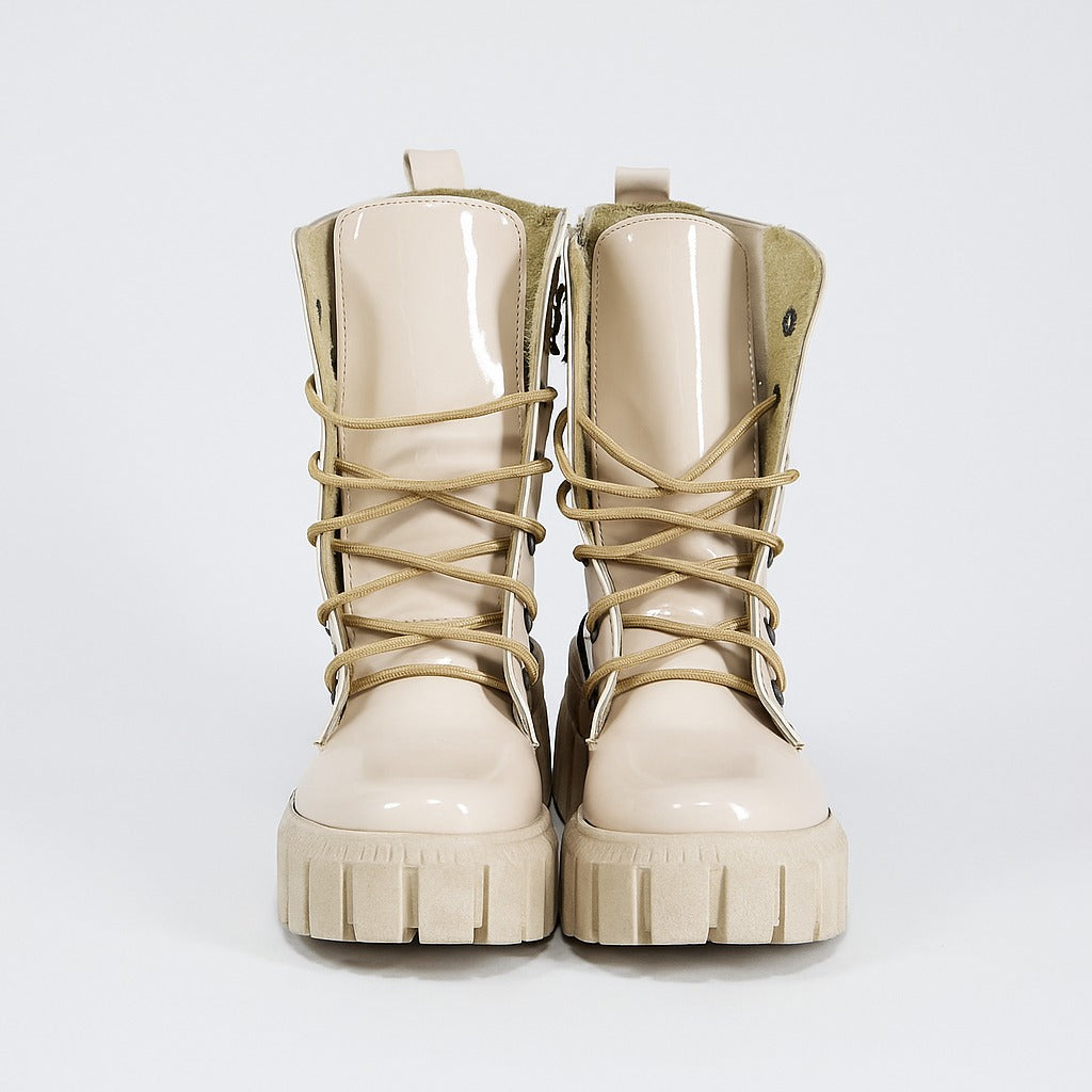 women's beige patent leather ankle boots 18412