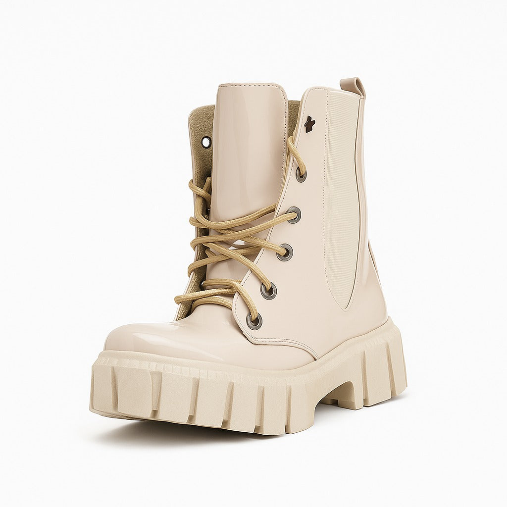 women's beige patent leather ankle boots 18412