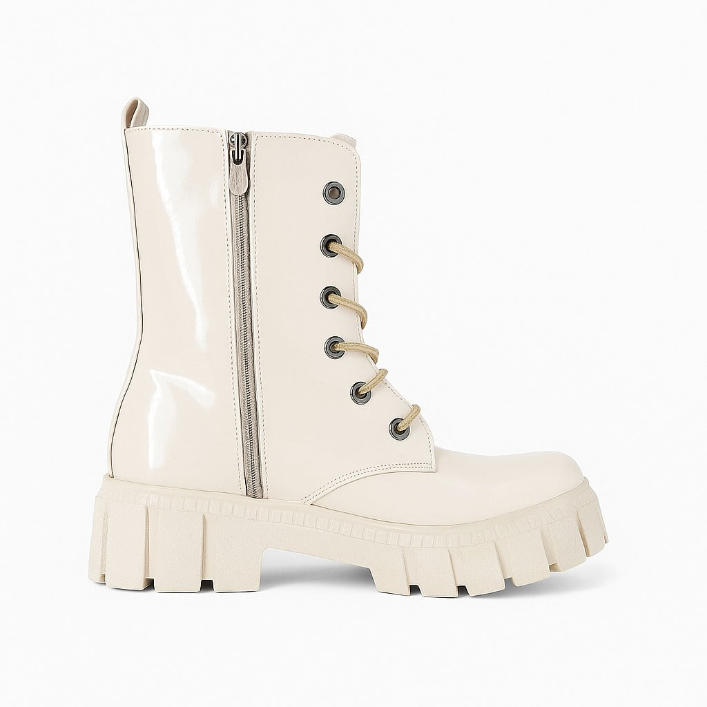 women's beige patent leather ankle boots 18412