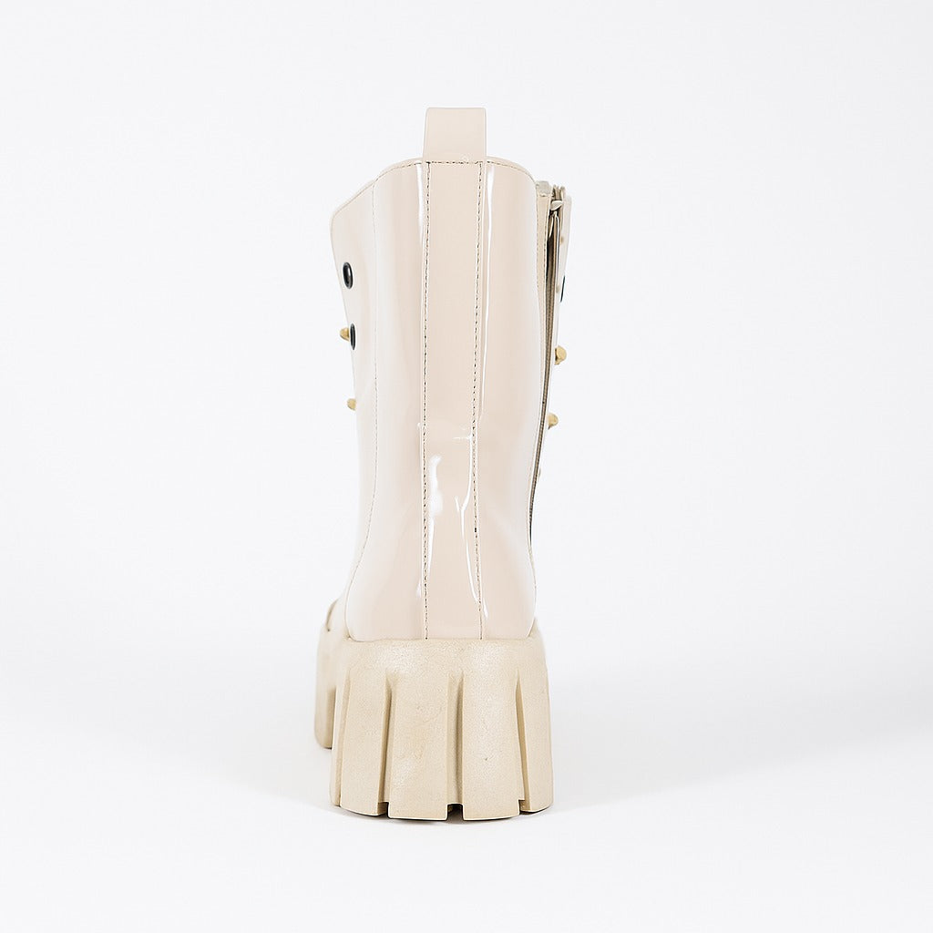 women's beige patent leather ankle boots 18412